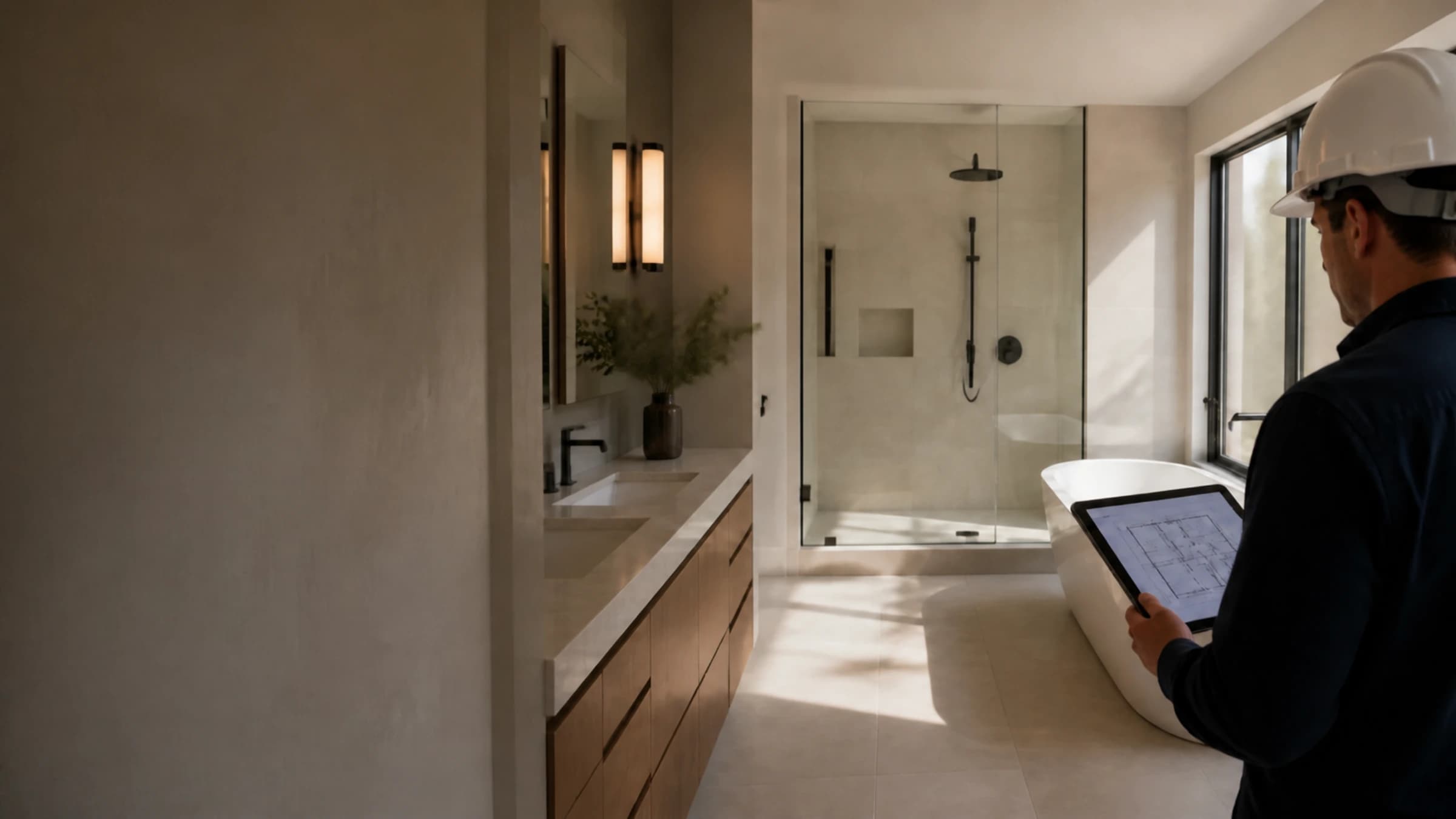 Profesional revisando el plano de un baño reformado
