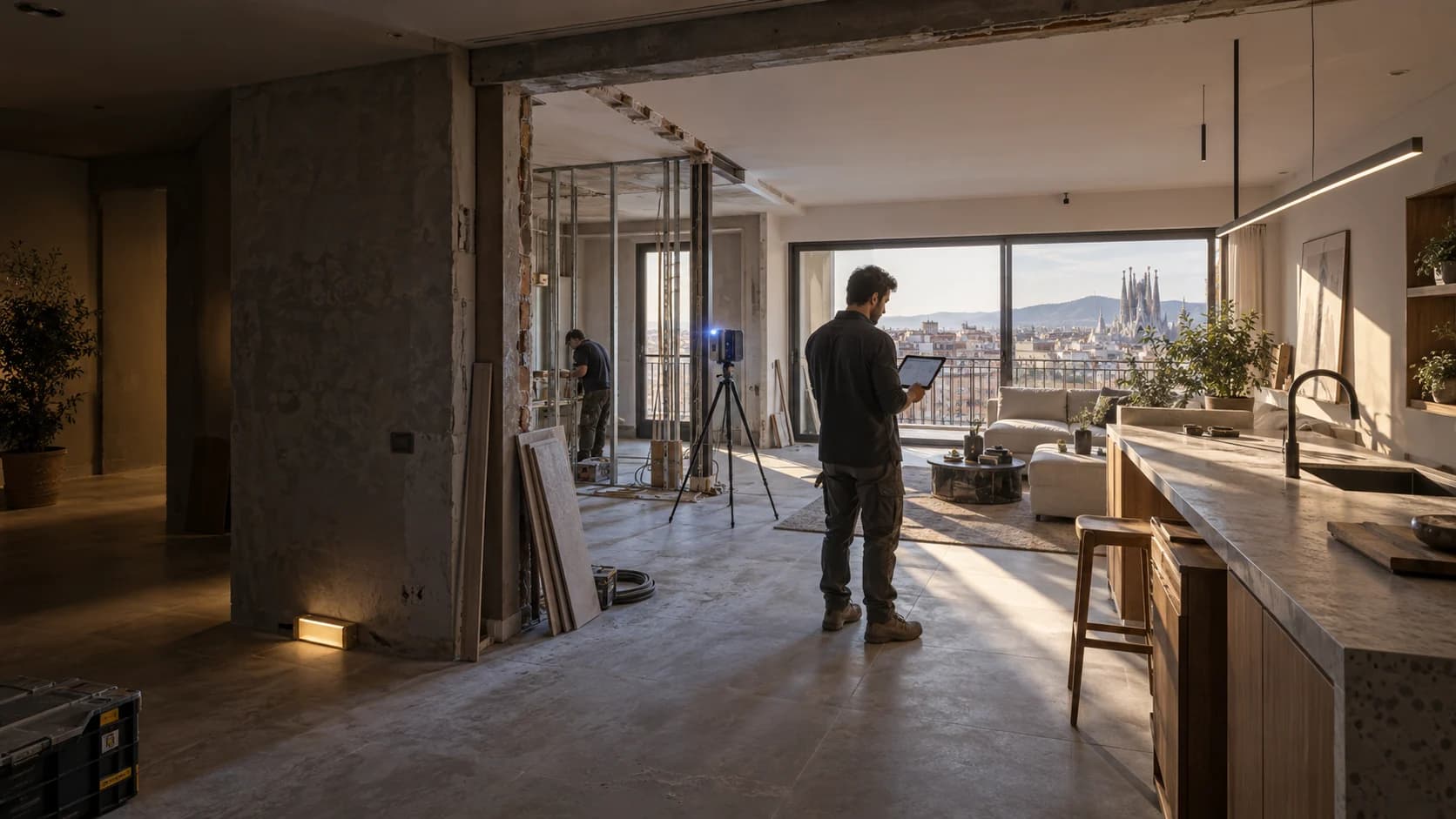 Profesional revisando una reforma en obra con el espacio terminado al fondo