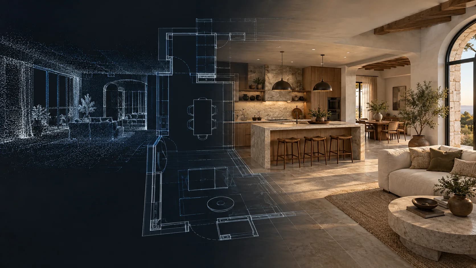 Profesional trabajando sobre el plano y la propuesta visual de una cocina