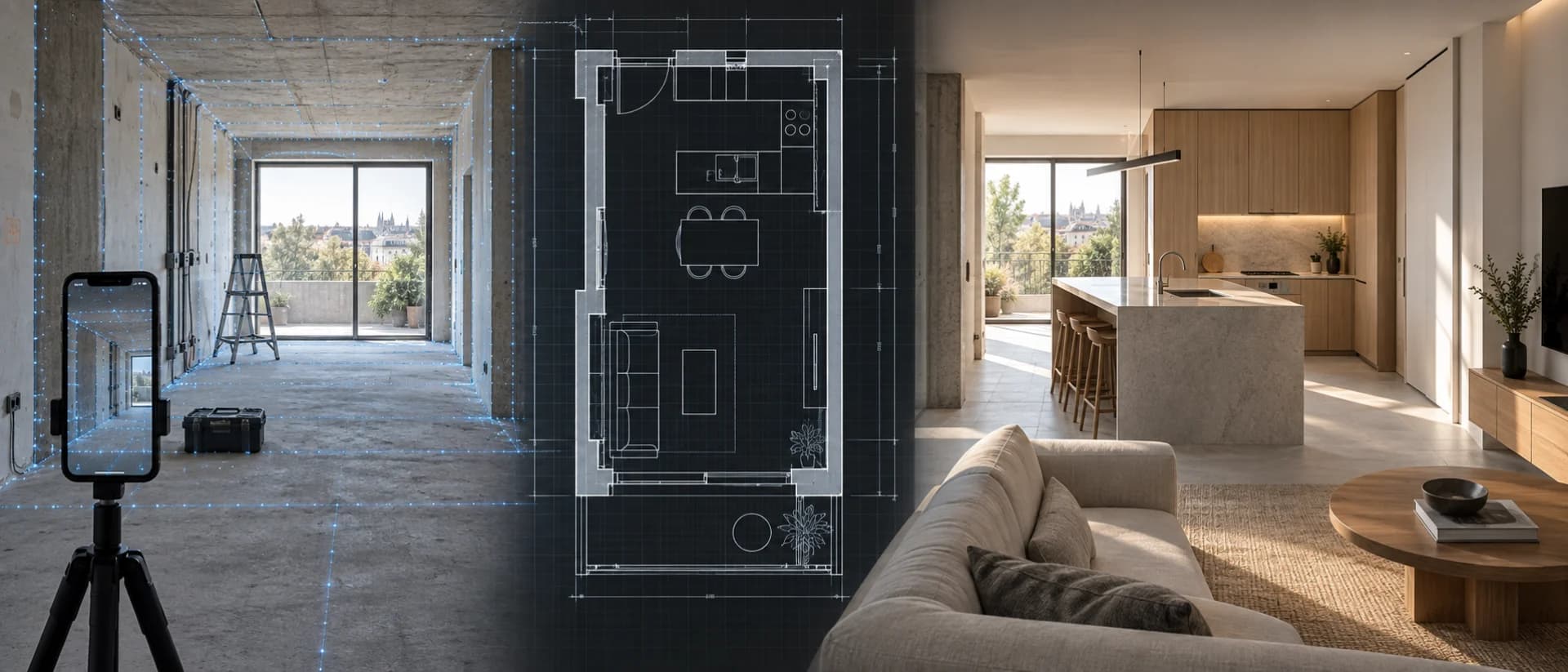 Una misma vivienda representada como captura espacial, plano CAD y visualización de la reforma